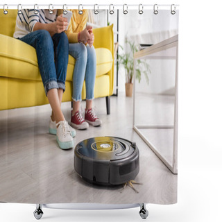 Personality  Cropped View Of Woman With Smartphone And Daughter On Sofa Near Coffee Table And Robotic Vacuum Cleaner On Floor In Living Room Shower Curtains