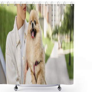 Personality  Cropped View Of Woman With Adorable Pomeranian Spitz In Hands Walking On City Street, Banner Shower Curtains