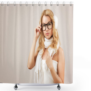Personality  Hipster Blonde Girl On Beige Background Shower Curtains