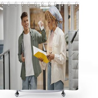 Personality  African American Woman Looking At Folder, Young Man Gesturing In Modern Office, Startup Project Shower Curtains