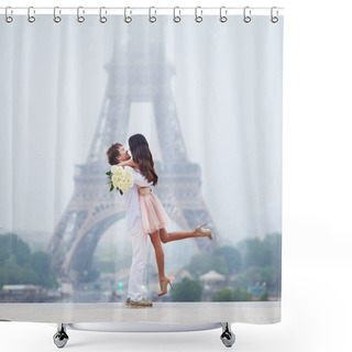 Personality  Beautiful Romantic Couple In Love With Bunch Of White Roses Near The Eiffel Tower In Paris On A Cloudy And Foggy Rainy Day Shower Curtains