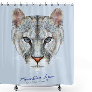Personality  Mountain Lion Animal Cute Face. Vector American Cougar Head Portrait. Realistic Fur Portrait Of Puma Wildcat Panther Isolated On Blue Background. Shower Curtains