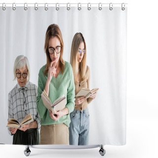 Personality  Three Generation Of Intelligent Women In Glasses Reading Books Isolated On White Shower Curtains