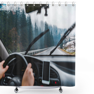 Personality  Man Driving Car By Snowed Mountains Road. Phone With Navigation At Dashboard Shower Curtains