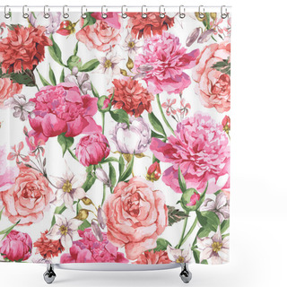 Personality  Summer Seamless  Watercolor Pattern With Pink Peonies And Roses On A White Background Shower Curtains