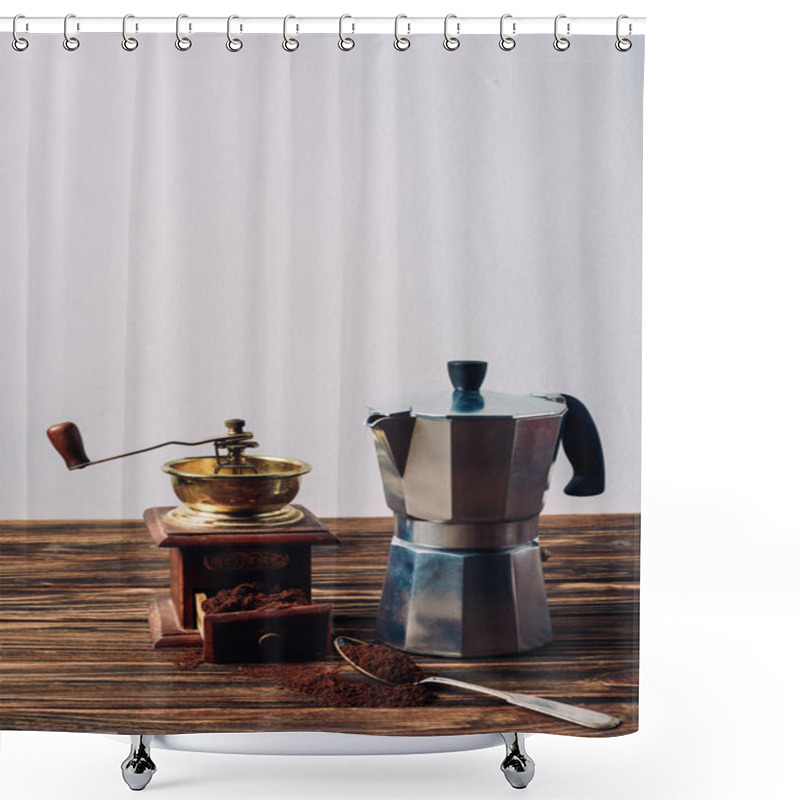 Personality  Mocha Pot And Vintage Coffee Grinder On Rustic Wooden Table Shower Curtains