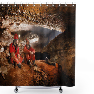 Personality  Speleologists Exploring A Beautiful Cave Shower Curtains