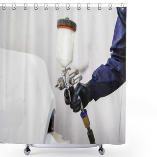 Personality  Hand In Overalls And Glove With Spray Gun Shower Curtains