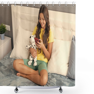 Personality  Lets Chat. Happy Girl Chat On Smartphone. Chatting And Texting. SMS. Text Messaging Shower Curtains