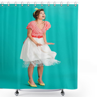 Personality  Amazed Pin Up Woman Looking Away While Standing On Wind On Turquoise Shower Curtains