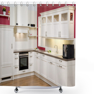Personality  Modern Fitted Kitchen With Red Wall Shower Curtains