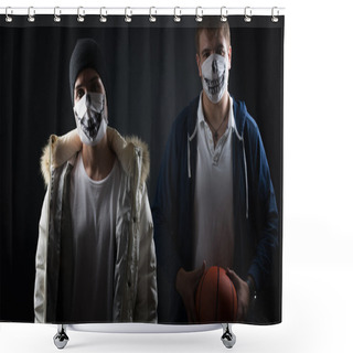 Personality  Studio On A Black Background Portrait Of Two Men In Masks With Basketball Shower Curtains