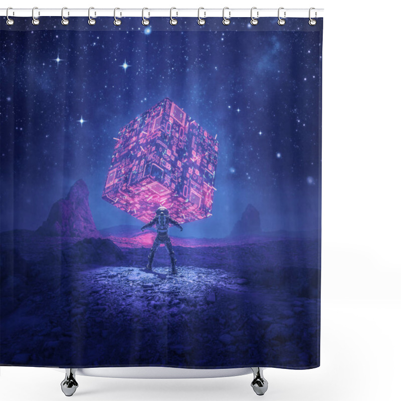 Personality  Cosmic Monolith Of Power / 3D Illustration Of Retro Science Fiction Scene Showing Astronaut Encountering Glowing Alien Computer Artefact On Desert Planet Shower Curtains