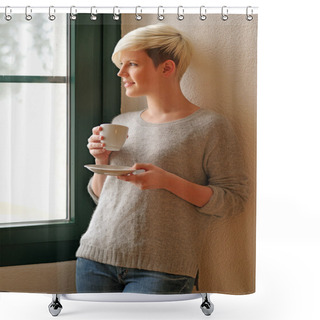 Personality  Looking Out A Window Drinking Coffee Shower Curtains