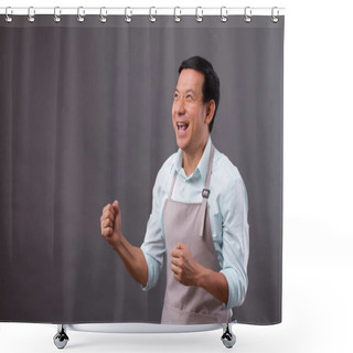 Personality  Exited Joyful Glad Successful Man Shopkeeper Looking Up Shower Curtains
