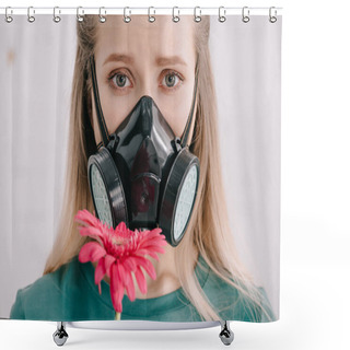 Personality  Blonde Woman With Pollen Allergy Wearing Respiratory Mask And Looking At Camera Near Pink Gerbera Flower  Shower Curtains