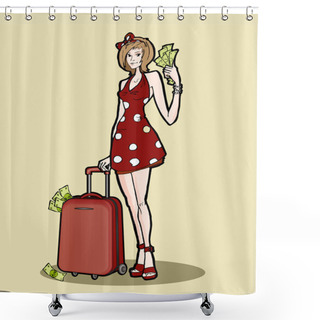 Personality  Woman With A Luggage Bag. Vector Illustration. Shower Curtains