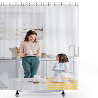 Personality  Mother And Daughter Looking At Each Other While Serving Table  Shower Curtains