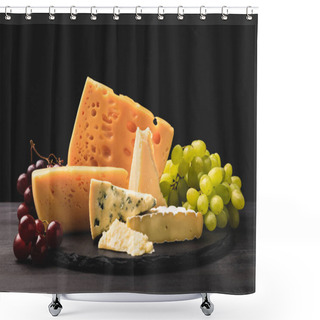 Personality  Closeup Shot Of Different Types Of Cheese On Board With Grapes On Black  Shower Curtains