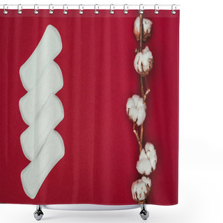 Personality  Top View Of Arranged Menstrual Pads And Cotton Twig Isolated On Red Shower Curtains