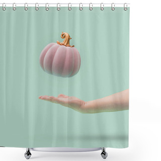 Personality  Pink Halloween Pumpkin With Golden Petiole Falling Into Women Arm. Green Mint Background. Minimal Design. Shower Curtains