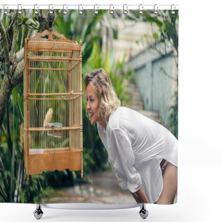 Personality  Side View Of Smiling Woman Looking At Bird In Cage, Ubud, Bali, Indonesia Shower Curtains