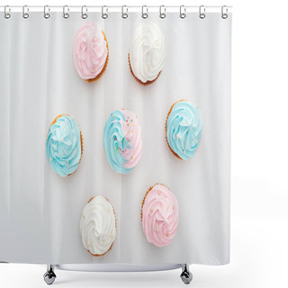 Personality  Top View Of Delicious White, Pink And Blue Cupcakes With Sprinkles Isolated On White Shower Curtains