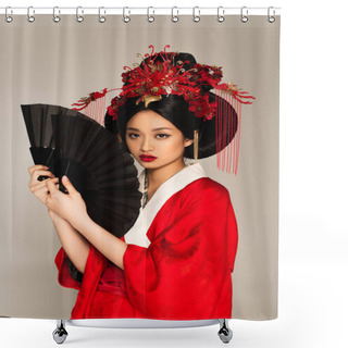 Personality  Pretty Asian Woman In Red Kimono Holding Fans And Looking At Camera Isolated On Grey  Shower Curtains