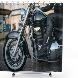 Personality  Vintage Classical Chopper With Chrome Elements, Biker In Leather Clothes. Black Powerful Motorbike, Two-wheeled Transport, Freedom Lifestyle Shower Curtains