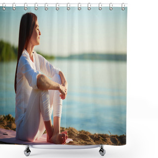 Personality  Woman Sitting On Sandy Beach Shower Curtains