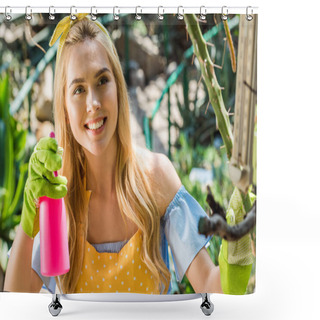 Personality  Beautiful Smiling Young Woman Holding Sprayer In Greenhouse Shower Curtains
