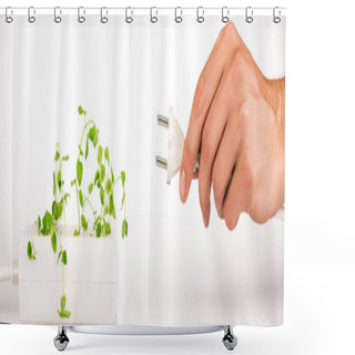 Personality  Cropped View Of Man Holding Power Plug Near Green Plant Growing In Socket In Power Extender On White Background, Panoramic Shot Shower Curtains