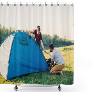Personality  Friends Preparing Tent For Camping Outdoor Shower Curtains