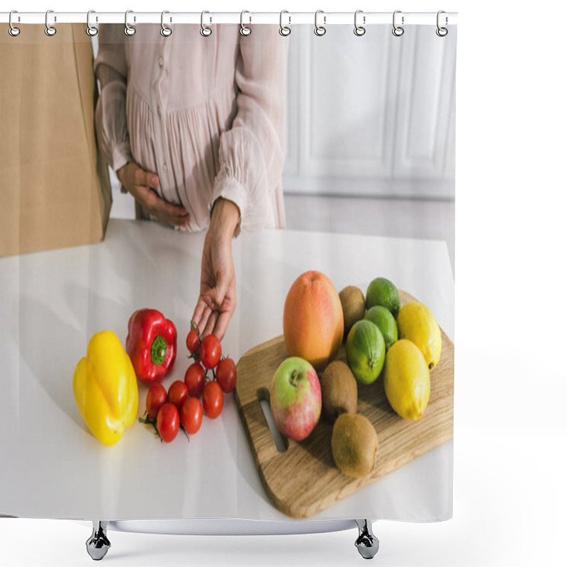 Personality  Cropped View Of Pregnant Woman Touching Red Cherry Tomatoes  Shower Curtains