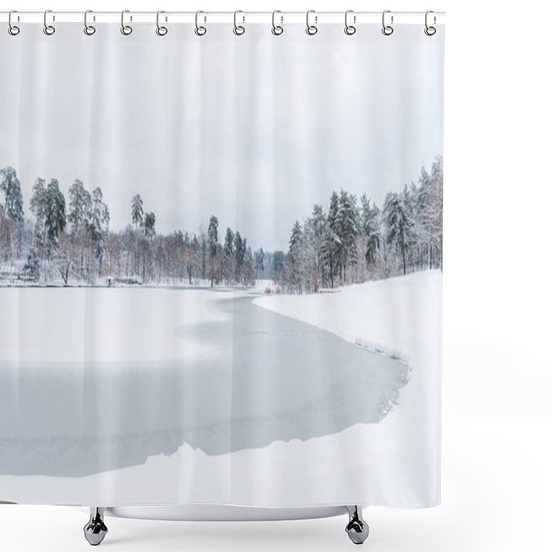 Personality  scenic view of snow covered trees and frozen lake in winter park shower curtains