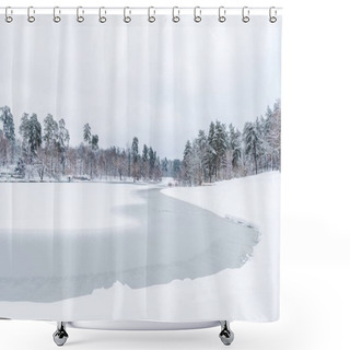 Personality  Scenic View Of Snow Covered Trees And Frozen Lake In Winter Park Shower Curtains