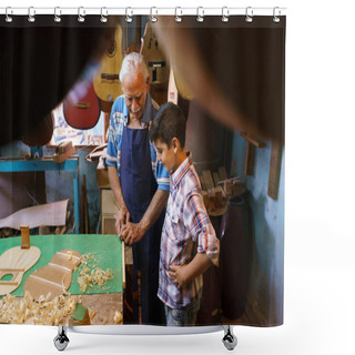 Personality  Old Lute Maker Teaching Grandson Boy Chiseling Wood Shower Curtains