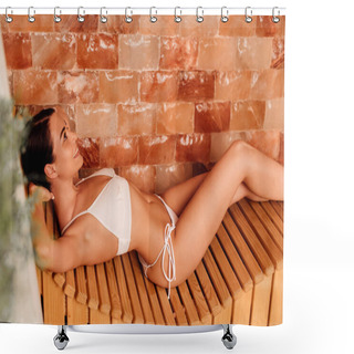 Personality  Young Woman In White Bikini On Wooden Bench In Spa Center Shower Curtains