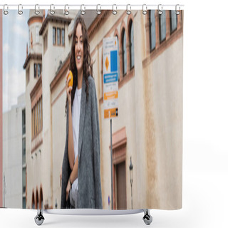 Personality  Young Curly Woman In Casual Grey Jacket Holding Ripe And Fresh Orange And Smiling At Camera With Historical Landmark At Background Outdoors In Barcelona, Spain, Banner, Ancient Building  Shower Curtains