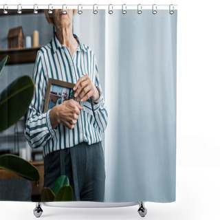 Personality  Partial View Of Senior Woman Holding Frame With Man On Photograph At Home With Copy Space Shower Curtains