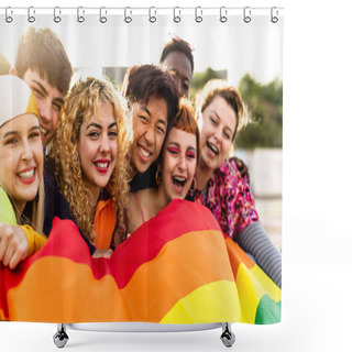 Personality  Diverse Young Friends Celebrating Gay Pride Festival - LGBTQ Community Concept Shower Curtains