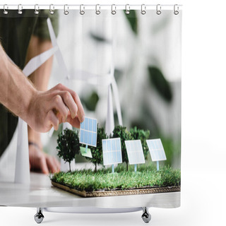 Personality  Cropped View Of Man Putting Solar Panels Models On Grass On Table In Office Shower Curtains