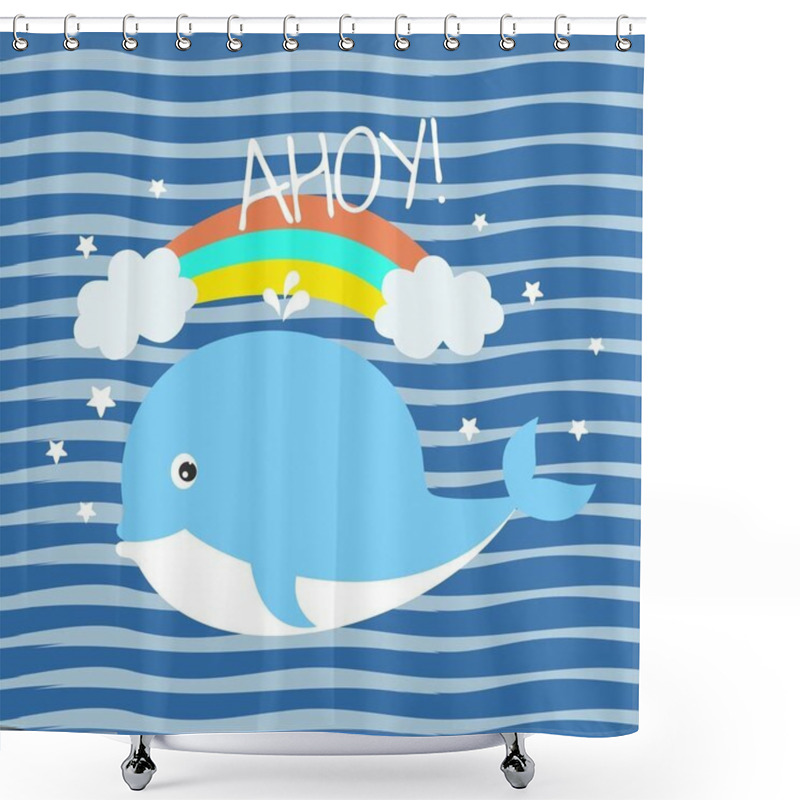 Personality  Greeting Card With Charming Little Whale On Background With Blue Stripes. Shower Curtains