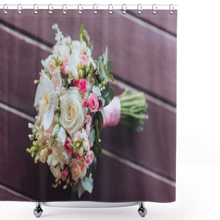 Personality  Wedding Bouquet On Wooden Background. Pink And Cream Roses. Flowers In Pastel Colors. White Orchid. Shower Curtains