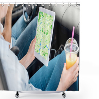 Personality  Cropped Shot Of Woman With Plastic Cup Of Orange Juice Using Tablet With Map On Screen In Car Shower Curtains