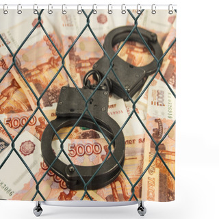 Personality  Metal Handcuffs On The Background Of Russian Rubles Under Wire Netting (lattice) Shower Curtains