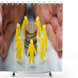 Personality  Close-up Of A Businessperson's Hand Protecting Stacked Coins Surrounded By Yellow Human Figures Shower Curtains