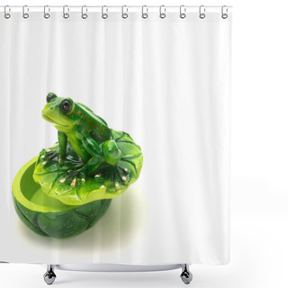 Personality  Ceramic Casket For Storing Small Items. A Lid In The Form Of A Water Lily Leaf On Which A Green Frog Sits. Big Shiny Eyes, Gilded Toes. Isolated On White Background. Shower Curtains