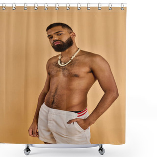 Personality  A Man With A Full Beard Stands Confidently, Sporting White Shorts. His Beard Adds A Rugged Touch To His Relaxed And Casual Outfit. Shower Curtains