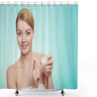 Personality  Woman Applying Cream On Her Skin Face. Shower Curtains